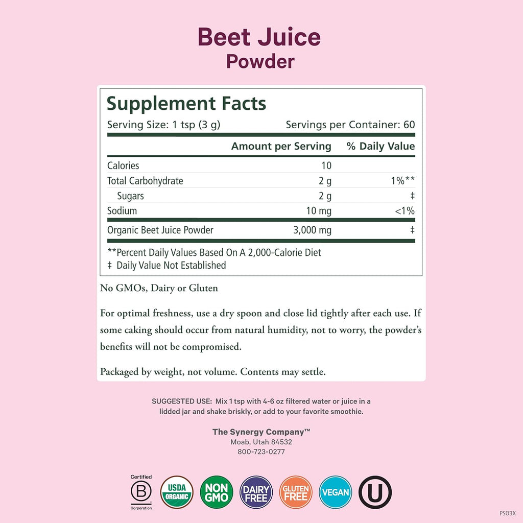 PURE SYNERGY Polvo de Zumo de Remolacha Orgánico | Suplemento Pre-Entrenamiento | para Circulación Saludable, Ejercicio y Desintoxicación (181 g)