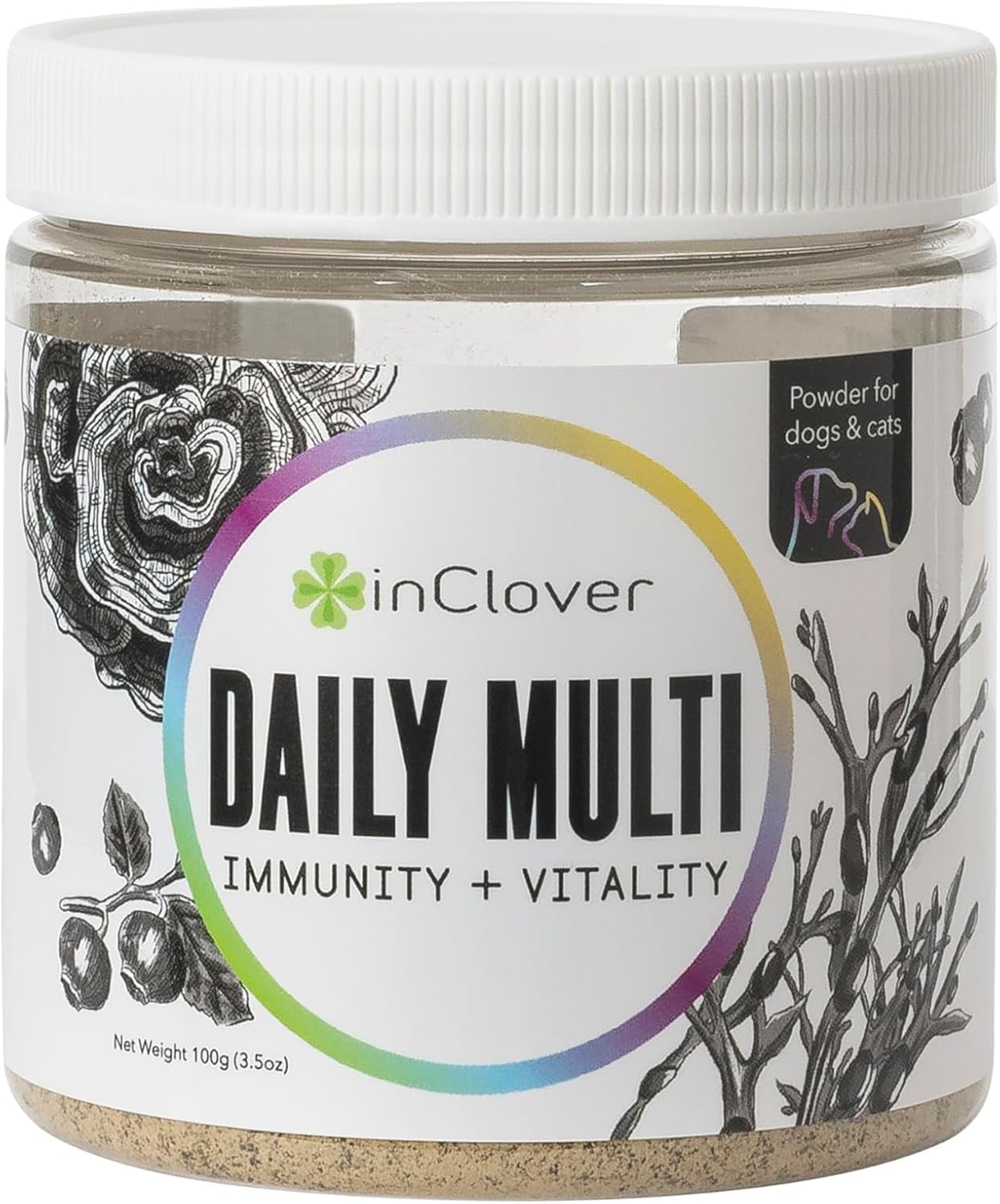 InClover Daily Multi - Polvo de Vitalidad para Perros y Gatos - Refuerzo Inmunitario con Arándano Orgánico, Algas, Cola de Pavo y Fibras Postbióticas