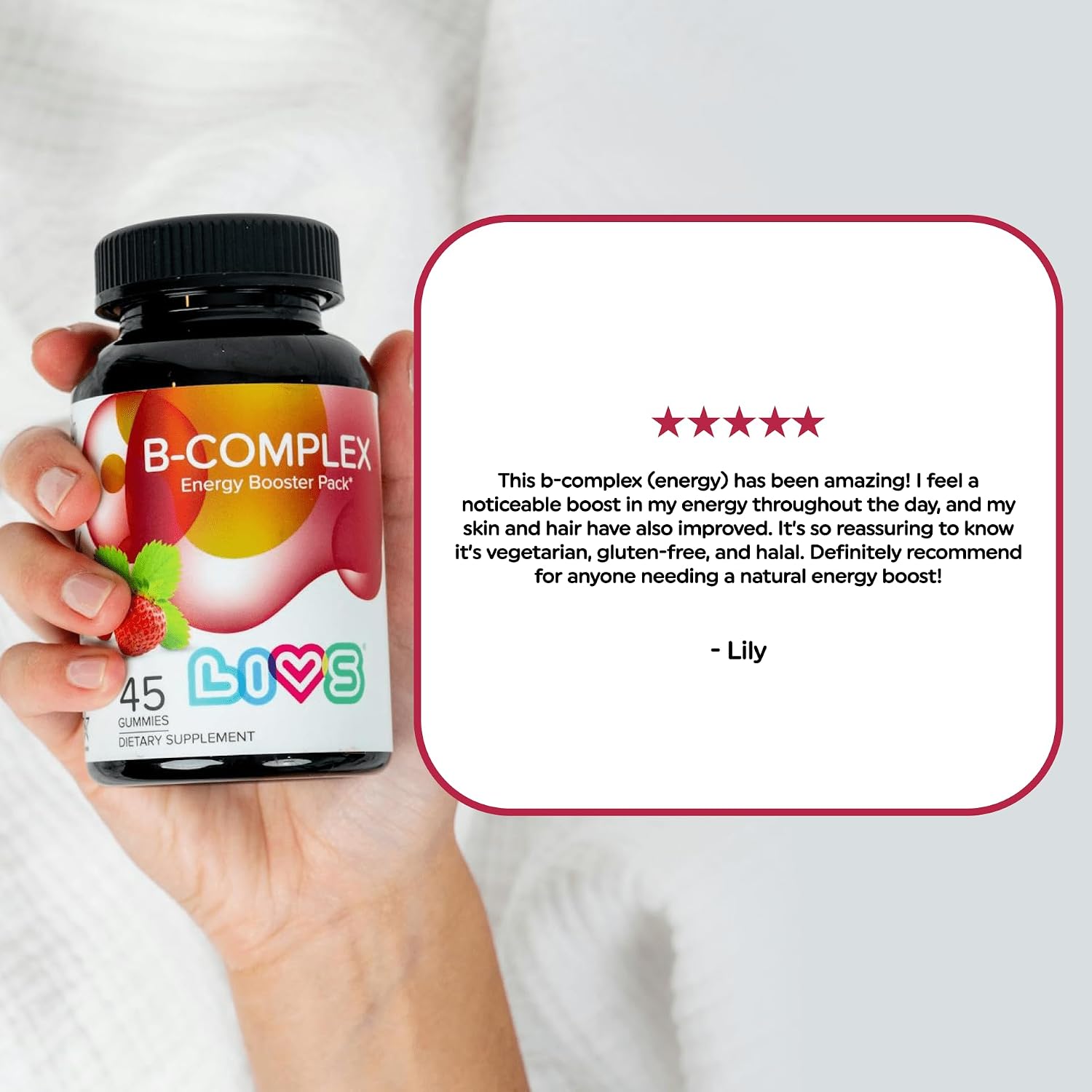 LIVS Complejo B Gummies con B12, Biotina, B3, B6 y Vitamina C para Niños y Adultos – Sabor Fresa (45 unidades)