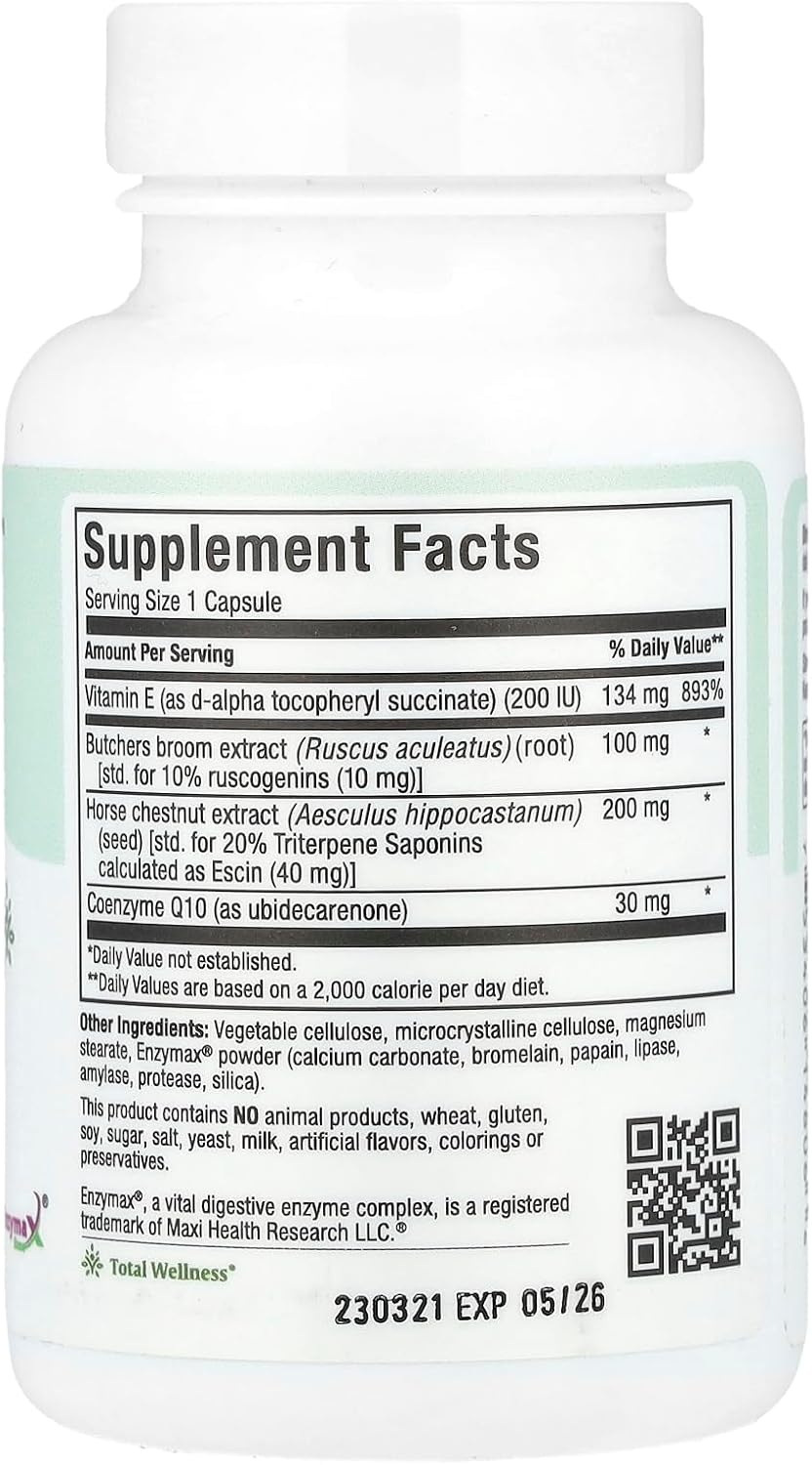 Maxi Health CircuMax – Blood Circulation Supplement with Horse Chestnut and Butcher's Broom – 60 Capsules – Vegan and Kosher