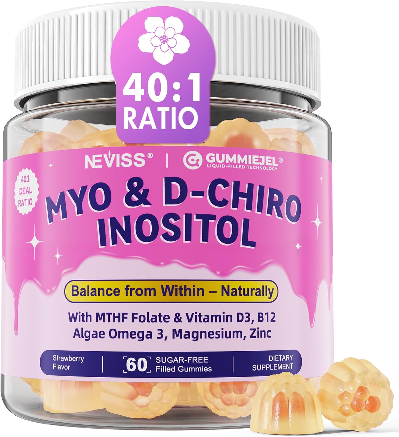 Gominolas de Myo-Inositol y D-Chiro Inositol con Omega-3, Folato, Vitamina D3, B12, Magnesio y Zinc - 60 Gominolas