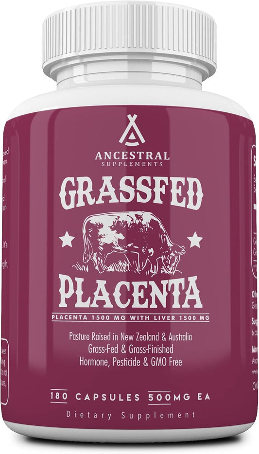 Ancestral Supplements Placenta e Hígado de Vaca Alimentada con Pasto – 180 Cápsulas