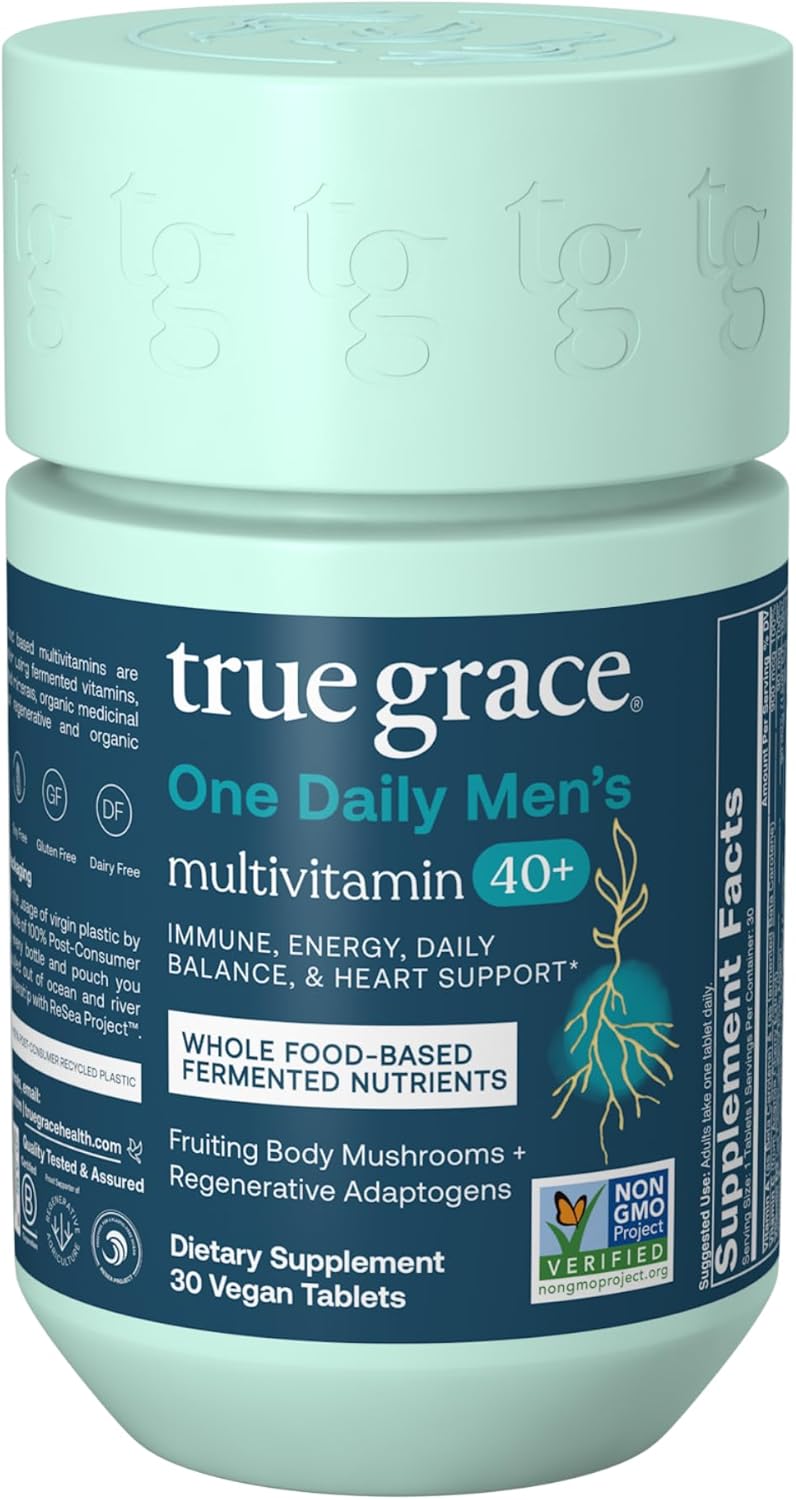 True Grace Multivitamínico para Hombres 40+ con Minerales Fermentados, Adaptógenos Orgánicos y Hongos Medicinales - 30 Comprimidos Veganos