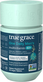 True Grace Men's 40+ One Daily Multivitamin – Minerales Fermentados, Adaptógenos Orgánicos y Hongos – 90 Tabletas Veganas