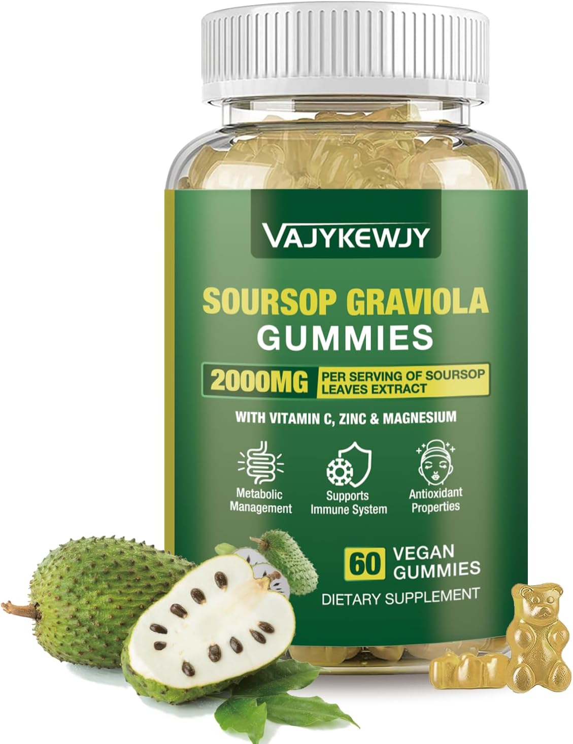 Gominolas de Graviola Soursop - 2000mg Extracto de Hojas, Vitamina C, Zinc - 60 Gominolas Veganas