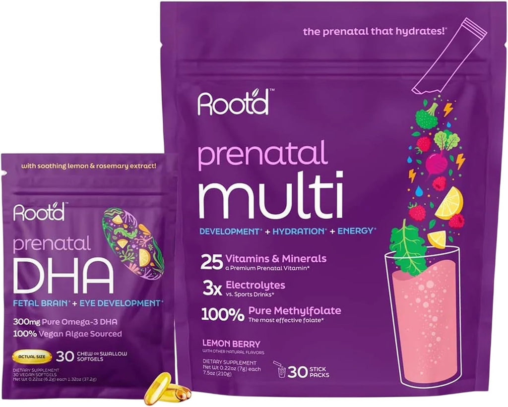 Root'd Vitaminas Prenatales en Polvo - 25 Vitaminas y Minerales con Electrolitos, Folato, Hierro, D3, Superalimentos y Probióticos - 30 Sobres
