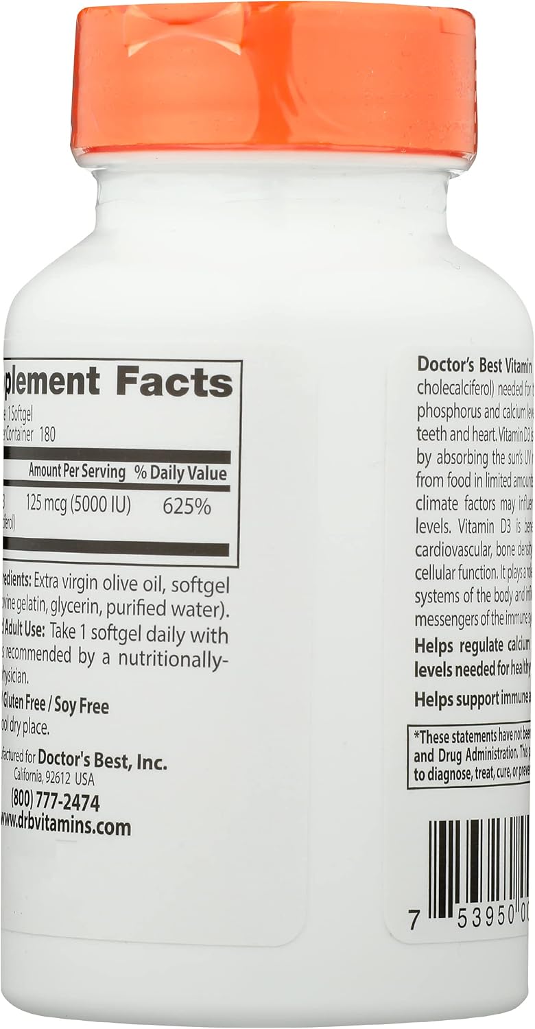 Doctor's Best Vitamina D3 5000 UI, 180 Softgels, No Transgénico