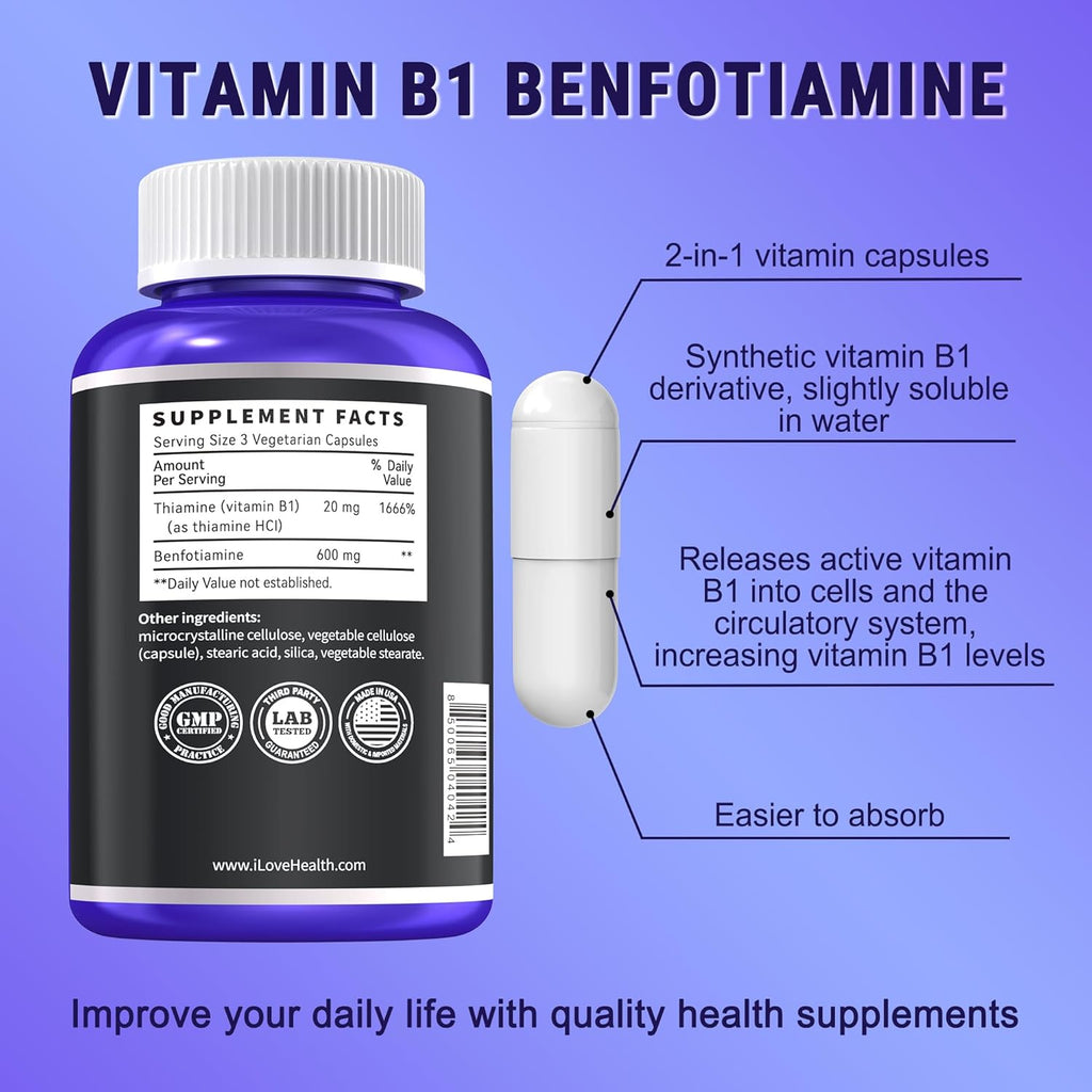 Benfotiamina 600mg + 20mg Vitamina B1 | 120 Cápsulas Veganas | No Transgénico | Gluten Free