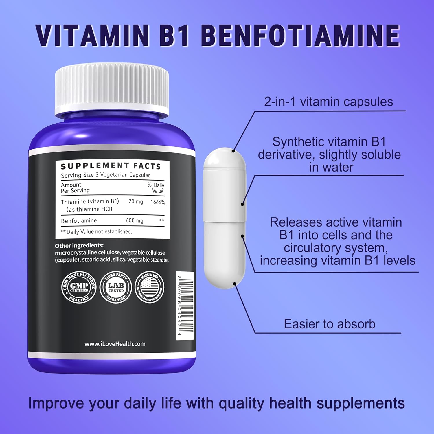 Benfotiamina 600mg + 20mg Vitamina B1 | 120 Cápsulas Veganas | No Transgénico | Gluten Free