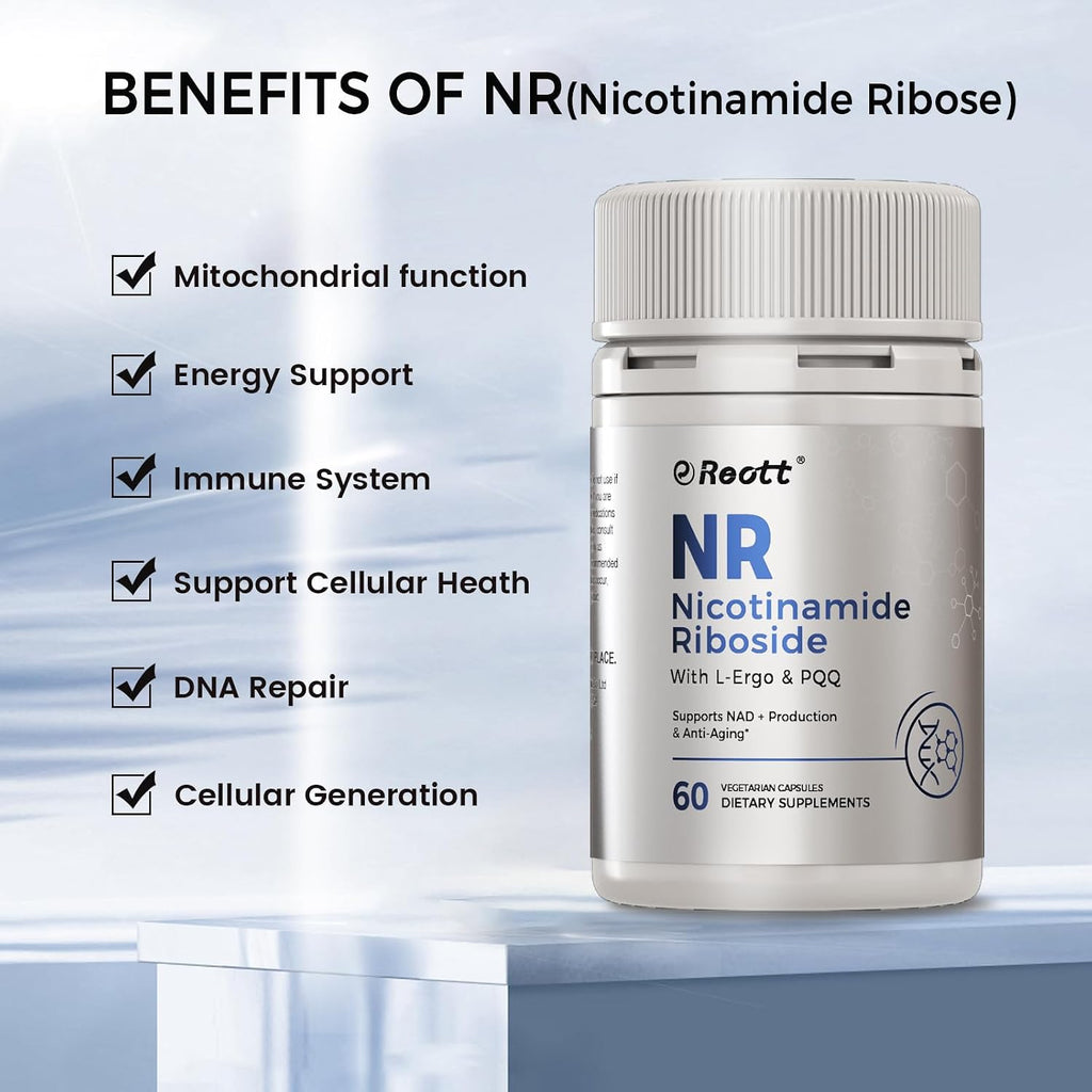 REOTT Suplemento de Nicotinamida Ribósido (NR) 300 mg, Apoyo NAD+, 60 Cápsulas, con L-Ergotioneína y PQQ para Salud Celular y Envejecimiento Saludable