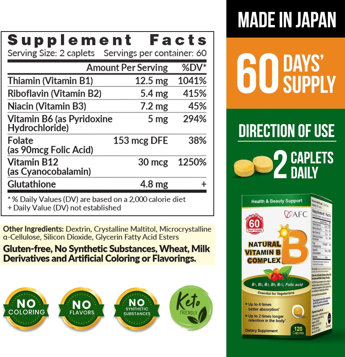AFC Japan Complejo B Natural con Vitaminas B1, B2, B3, B6, B12, Ácido Fólico y Glutatión - 120 Comprimidos Veganos