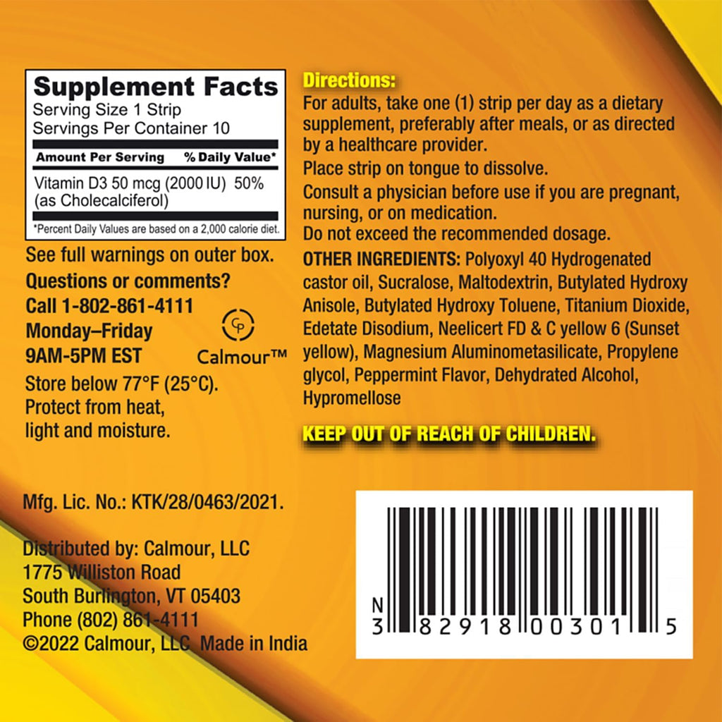 CALMOUR Vitamin D3 Strips 100 Unidades | 2000 UI Vitamina D3 Oral Disoluble | Sabor Menta