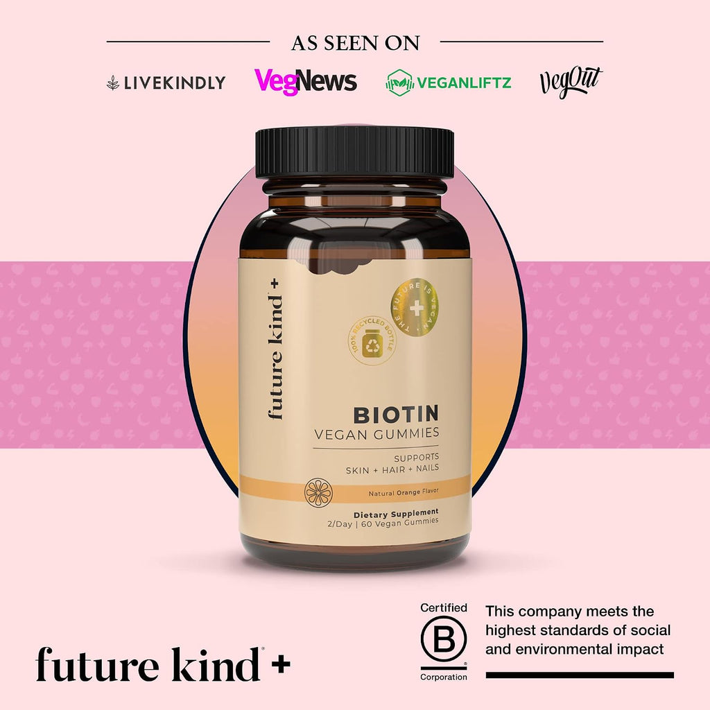 Future Kind Gominolas Veganas de Biotina para Cabello, Piel y Uñas – Colágeno Vegano con Vitaminas A, C y E – Sabor Fresa Natural – 30 Gominolas