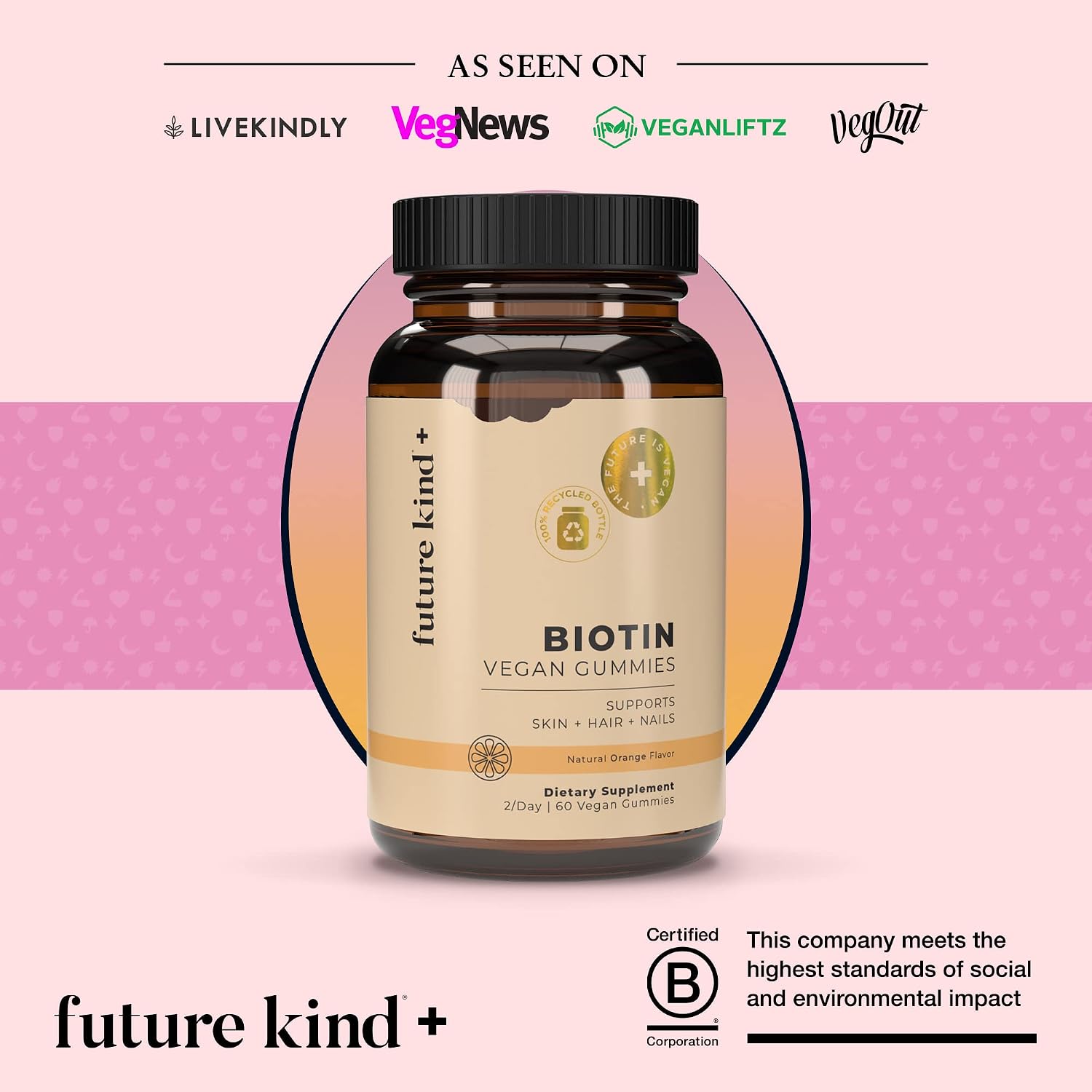 Future Kind Gominolas Veganas de Biotina para Cabello, Piel y Uñas – Colágeno Vegano con Vitaminas A, C y E – Sabor Fresa Natural – 30 Gominolas