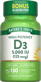 Nature's Truth Vitamina D3 5000 IU Cápsulas Blandas | 130 Unidades | Alta Potencia | Sin Gluten y Sin OGM