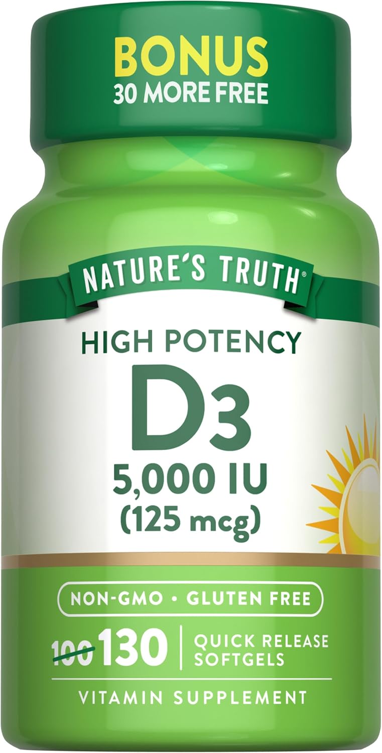 Nature's Truth Vitamina D3 5000 IU Cápsulas Blandas | 130 Unidades | Alta Potencia | Sin Gluten y Sin OGM