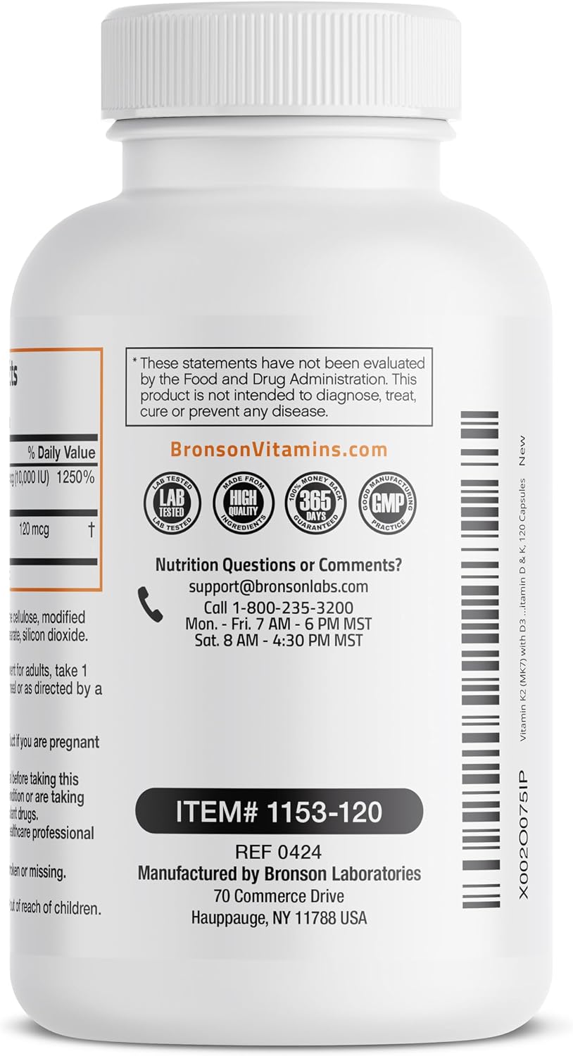 Bronson Vitamina K2 (MK7) con D3, 10.000 UI D3 + 120 mcg K2 MK-7, 120 Cápsulas