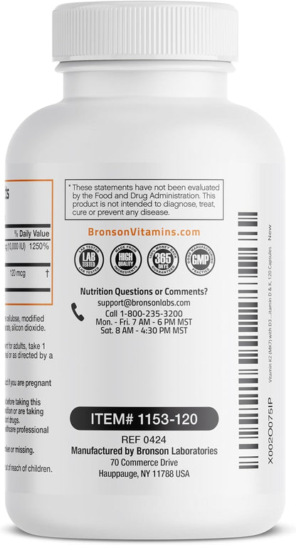 Bronson Vitamina K2 (MK7) con D3, 10.000 UI D3 + 120 mcg K2 MK-7, 120 Cápsulas – Image 6