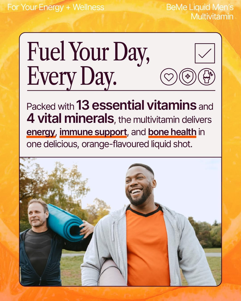 BeMe Multivitamínico Líquido para Hombres - Sistema de Administración Líquida Avanzada con 13 Vitaminas y Minerales - Sobres Individuales, No-GMO, Sabor Naranja (30 Sobres)