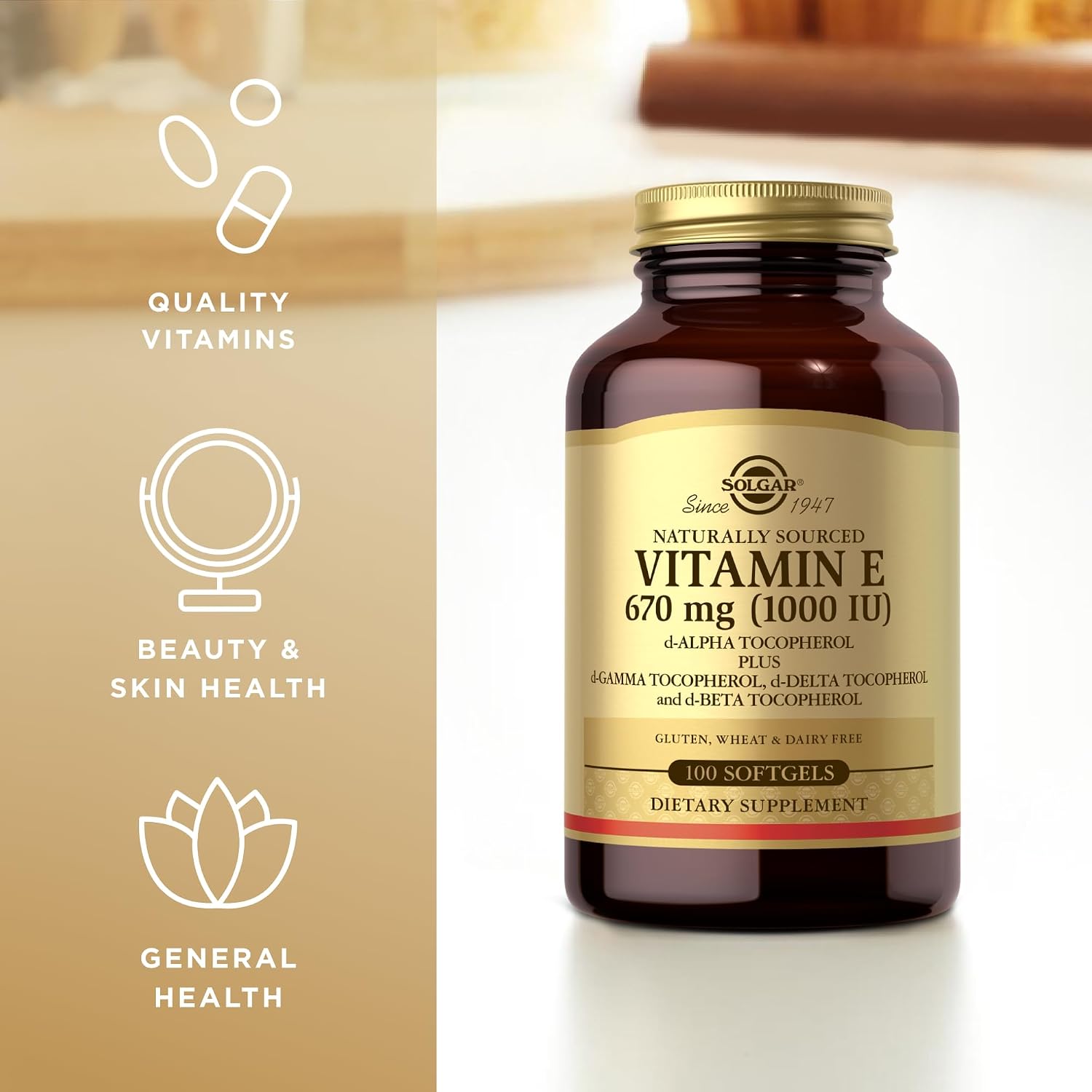 Solgar Vitamina E 670 mg (1000 UI) - 100 Cápsulas Blandas, Pack de 2 - Origen Natural - Sin Gluten, Sin Lácteos - 200 Dosis