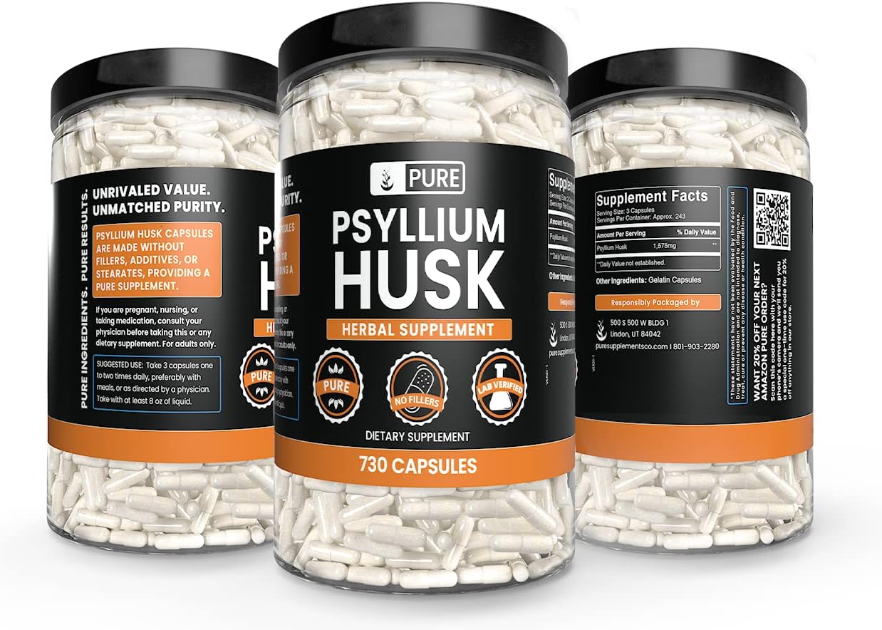 PURE ORIGINAL INGREDIENTS Psyllium Husk (730 Cápsulas) - Puro, Sin Rellenos, Verificado en Laboratorio