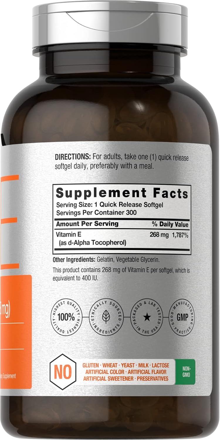Horbäach Vitamina E 400 UI (268 mg) - 300 Cápsulas Blandas - D-Alfa Tocoferol Natural - Sin Gluten y No Transgénico