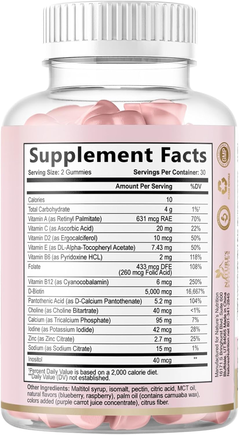 Hair Vitamins Gummies - Gominolas Sin Azúcar con Biotina 5000 mcg, Vitaminas A, B12, C, D, E y Ácido Fólico - 60 Gominolas