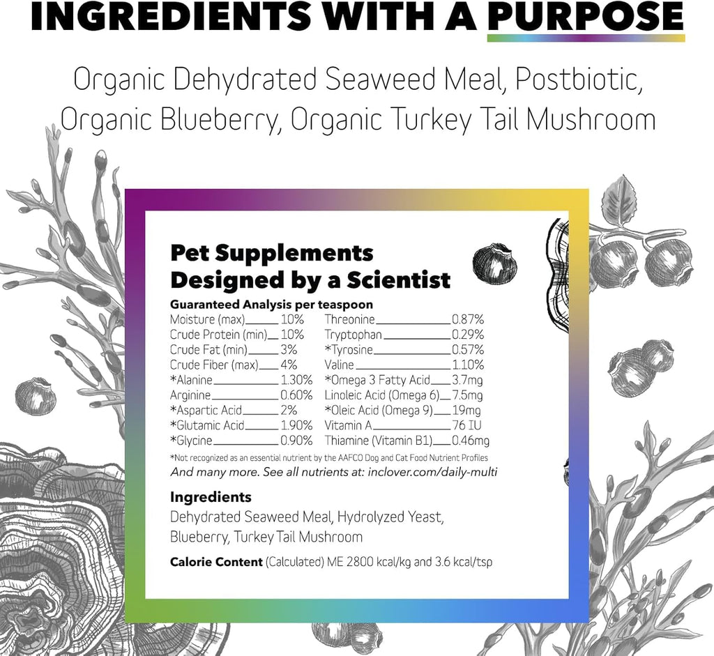InClover Daily Multi - Polvo de Vitalidad para Perros y Gatos - Refuerzo Inmunitario con Arándano Orgánico, Algas, Cola de Pavo y Fibras Postbióticas