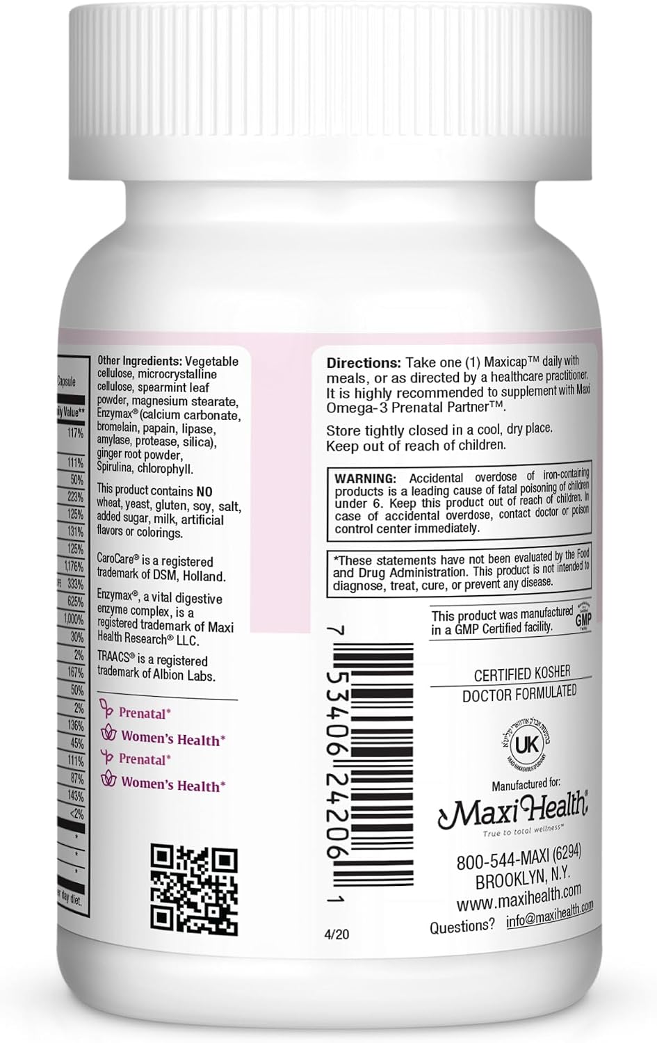 Vitaminas Prenatales Maxi Health - One a Day - Multivitamínico para el Embarazo con Ácido Fólico, Hierro, Vitamina D3, B12, Zinc y Biotina – 60 Cápsulas