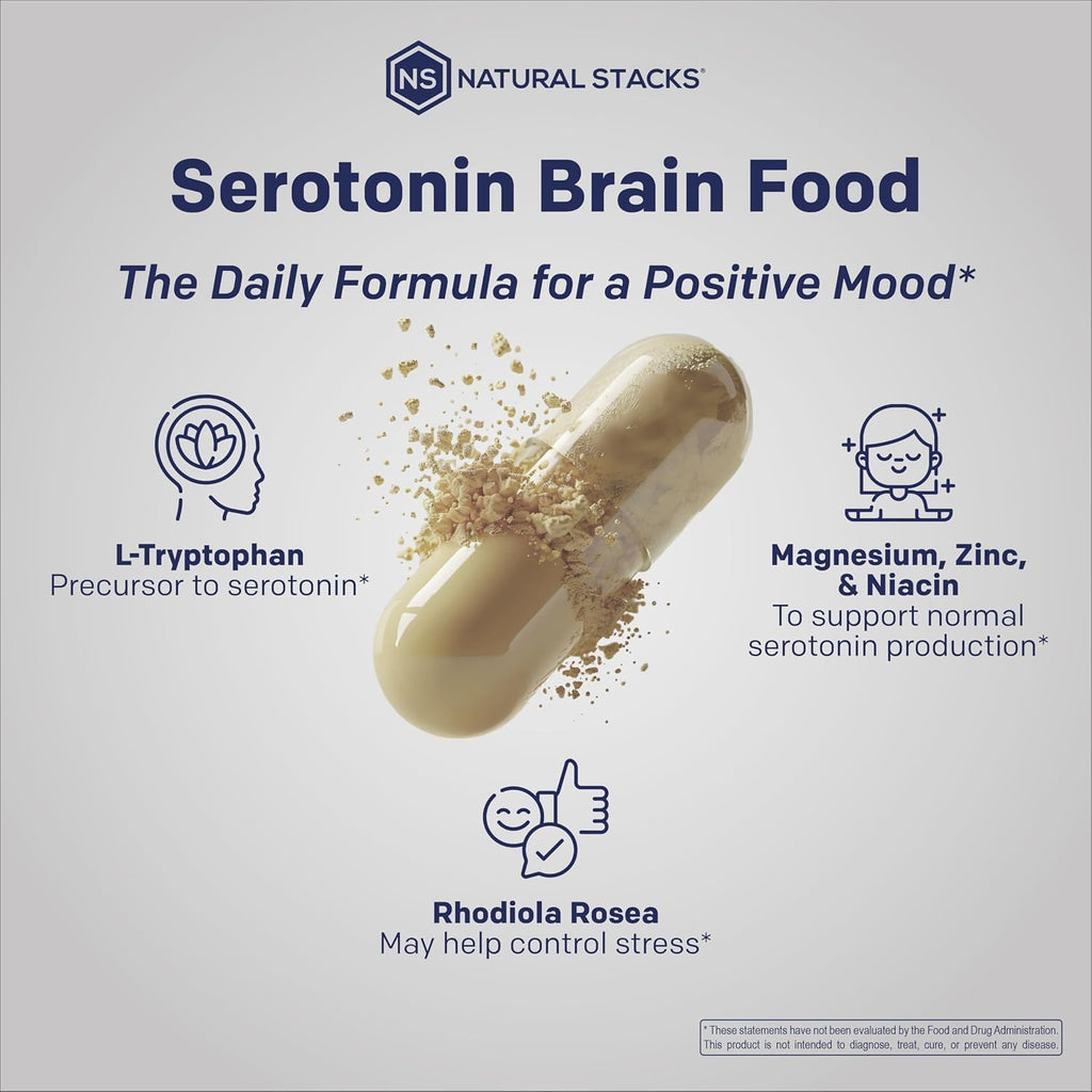 Natural Stacks Serotonin Brain Food - 1250mg L-Triptófano y 400mg Rhodiola Rosea - 120 Cápsulas