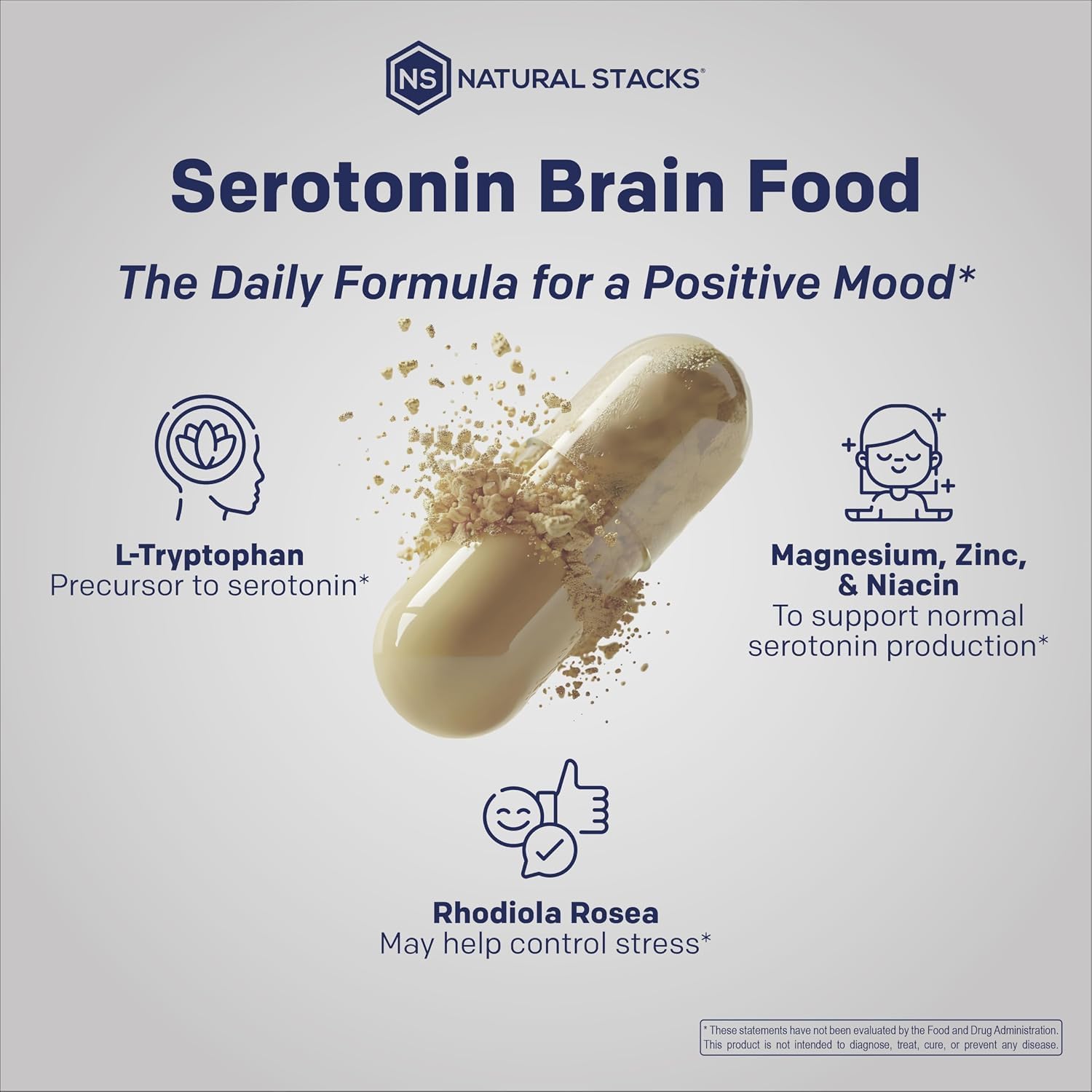 Natural Stacks Serotonin Brain Food - 1250mg L-Triptófano y 400mg Rhodiola Rosea - 120 Cápsulas
