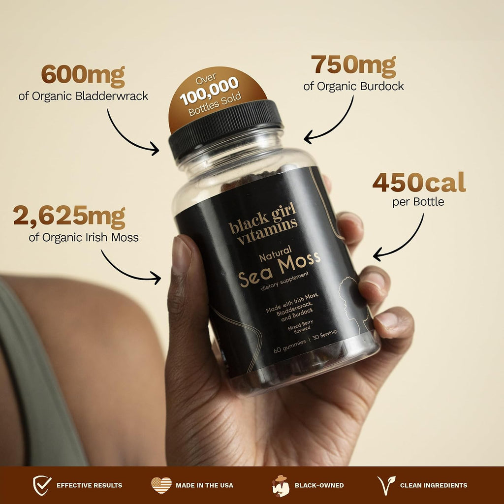 Black Girl Vitamins - Gominolas de Musgo Irlandés con 92 Minerales - Vegano, Sin Gluten, Halal (Frutos del Bosque, 30 Días)