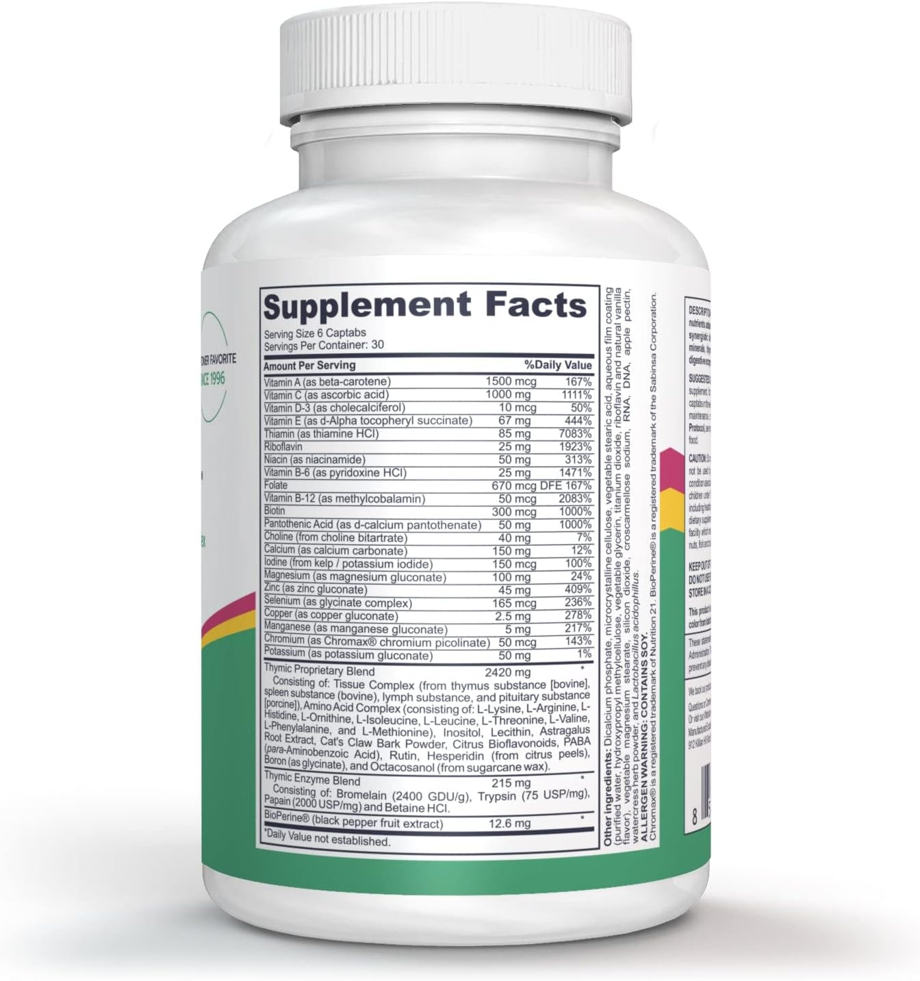 Complete Thymic Formula™ - Multivitamínico y Multimineral con Extracto de Timo (180 comprimidos)