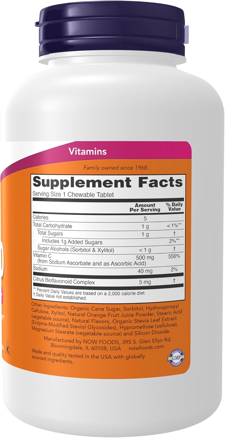 NOW Foods Vitamina C-500, 100 Comprimidos Masticables Sabor Naranja