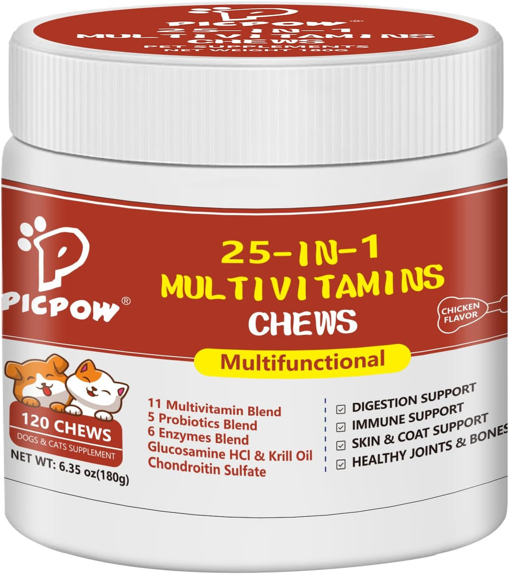 PICPOW Multivitamínico masticable para perros con glucosamina, condroitina, enzimas digestivas y probióticos, 120 comprimidos