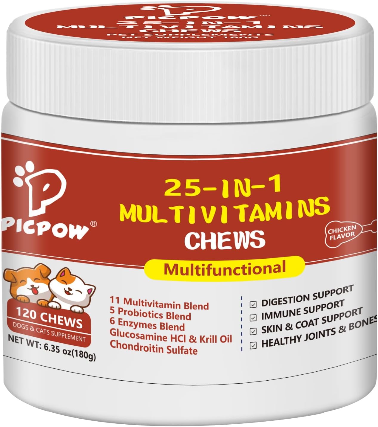 PICPOW Multivitamínico masticable para perros con glucosamina, condroitina, enzimas digestivas y probióticos, 120 comprimidos
