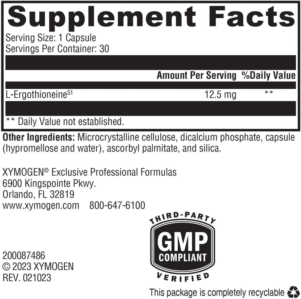 XYMOGEN MitoPrime - Suplemento de L-Ergotioneína - Apoyo Antioxidante Mitocondrial y Celular - Sin Gluten, Vegano y No GMO - 30 Cápsulas