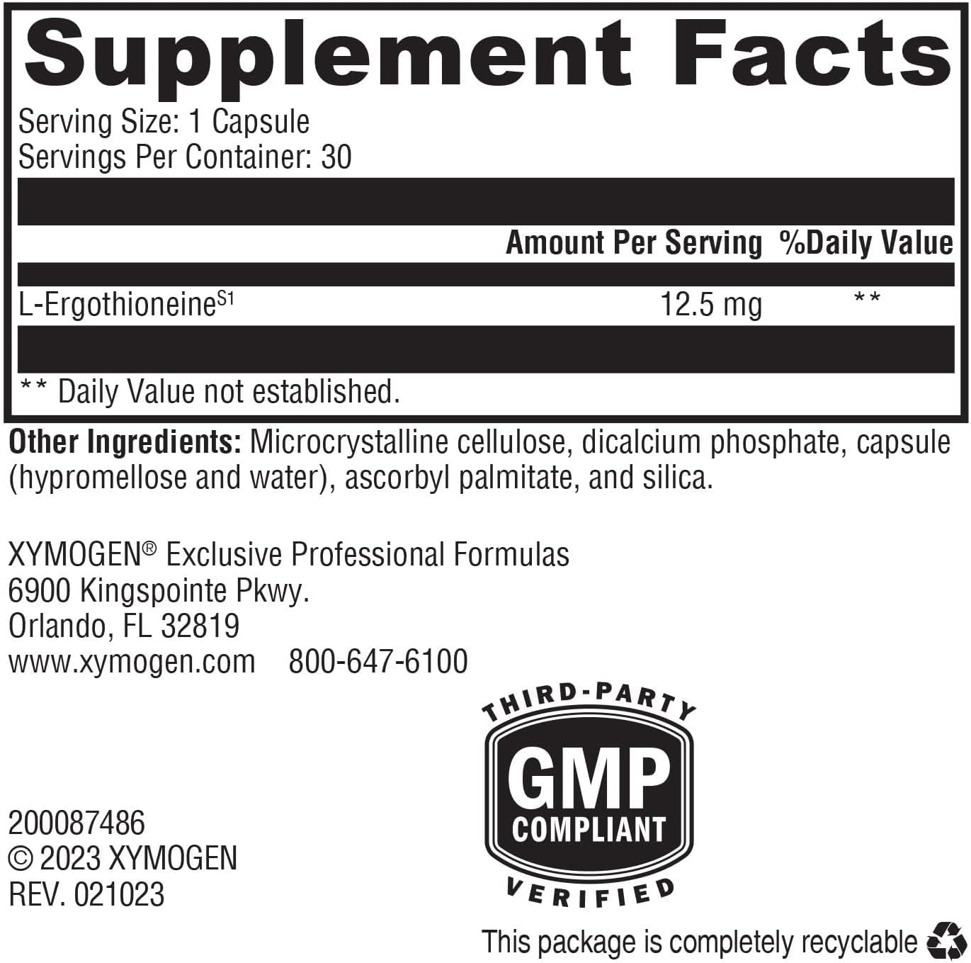 XYMOGEN MitoPrime - Suplemento de L-Ergotioneína - Apoyo Antioxidante Mitocondrial y Celular - Sin Gluten, Vegano y No GMO - 30 Cápsulas