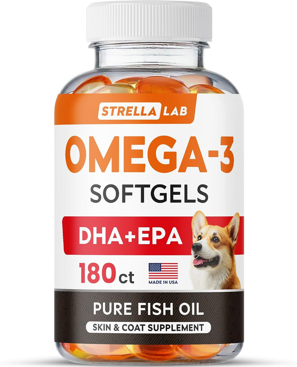 StrellaLab Omega 3 Cápsulas de Aceite de Pescado para Perros (180 uds) - Sin Olor a Pescado - EPA y DHA - Apoya Articulaciones, Piel y Pelaje