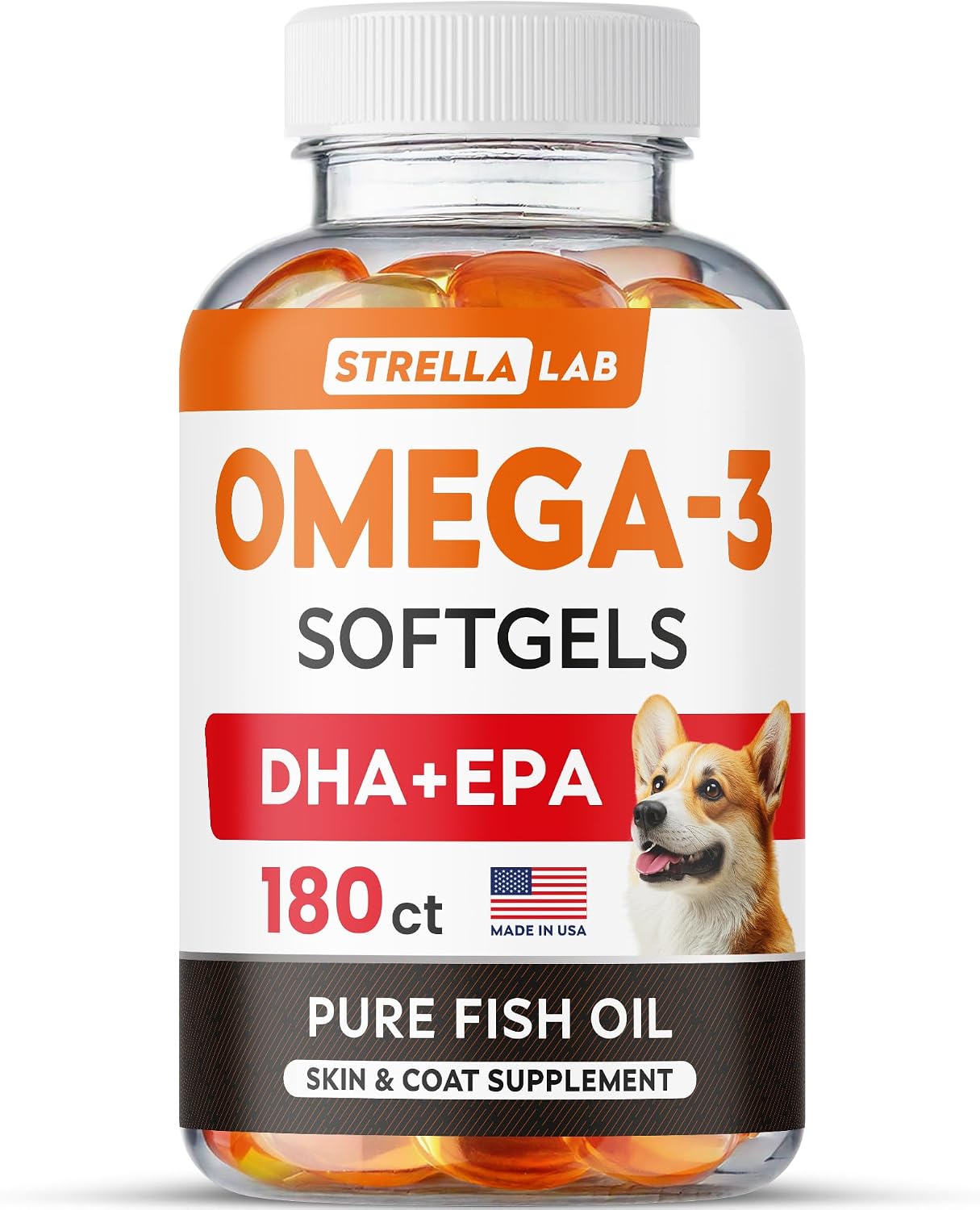 StrellaLab Omega 3 Cápsulas de Aceite de Pescado para Perros (180 uds) - Sin Olor a Pescado - EPA y DHA - Apoya Articulaciones, Piel y Pelaje