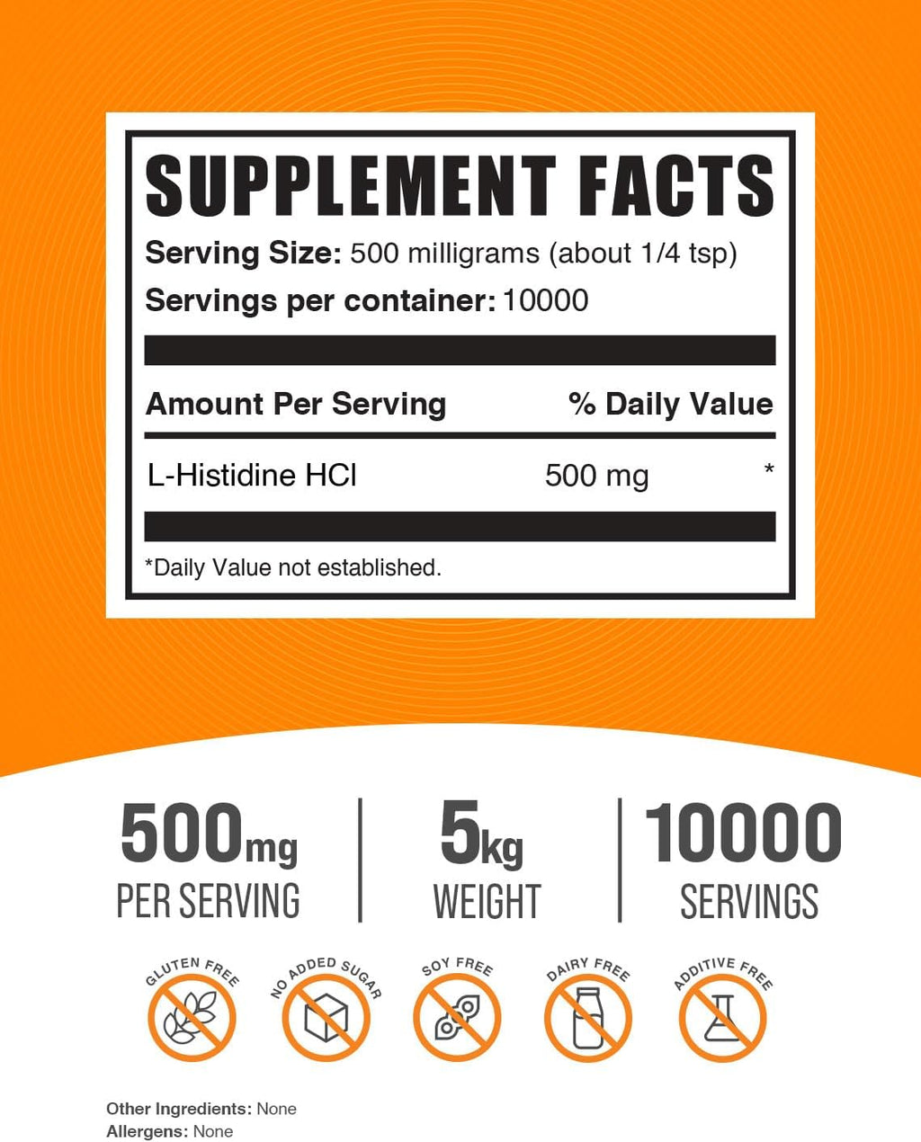 L-Histidina HCl en Polvo - Suplemento de L-Histidina (500mg por porción, 5kg)