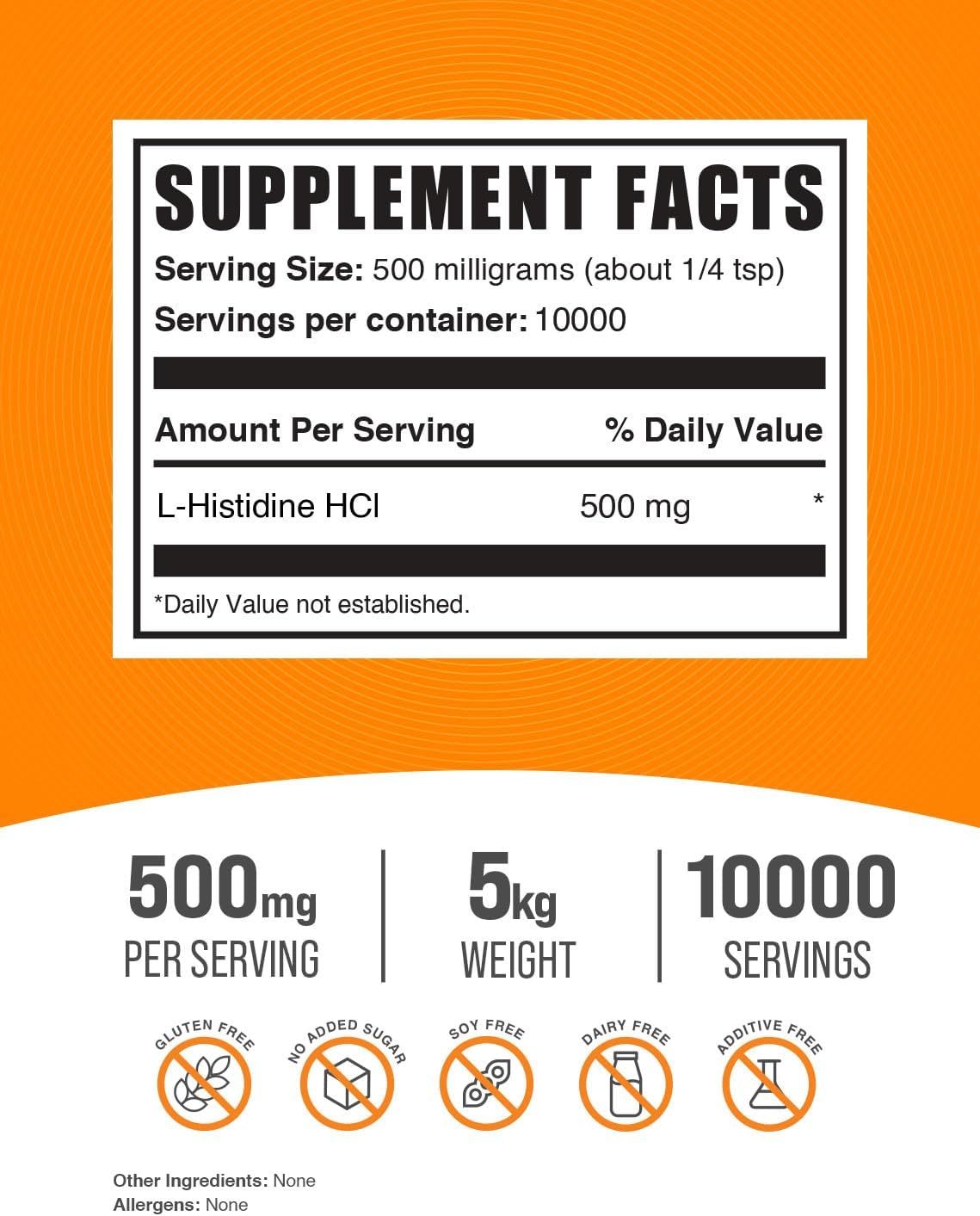 L-Histidina HCl en Polvo - Suplemento de L-Histidina (500mg por porción, 5kg)