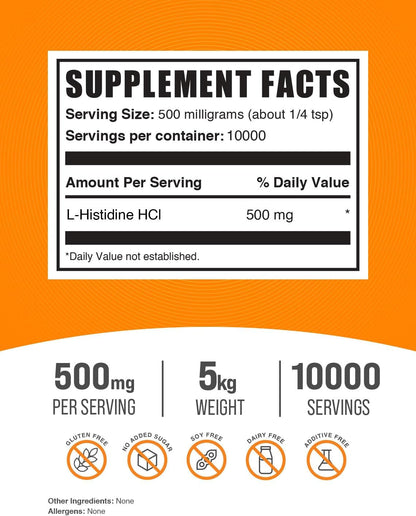 L-Histidine HCl Powder - Suplemento de L-Histidina (500mg por ración, 5kg) – Image 2
