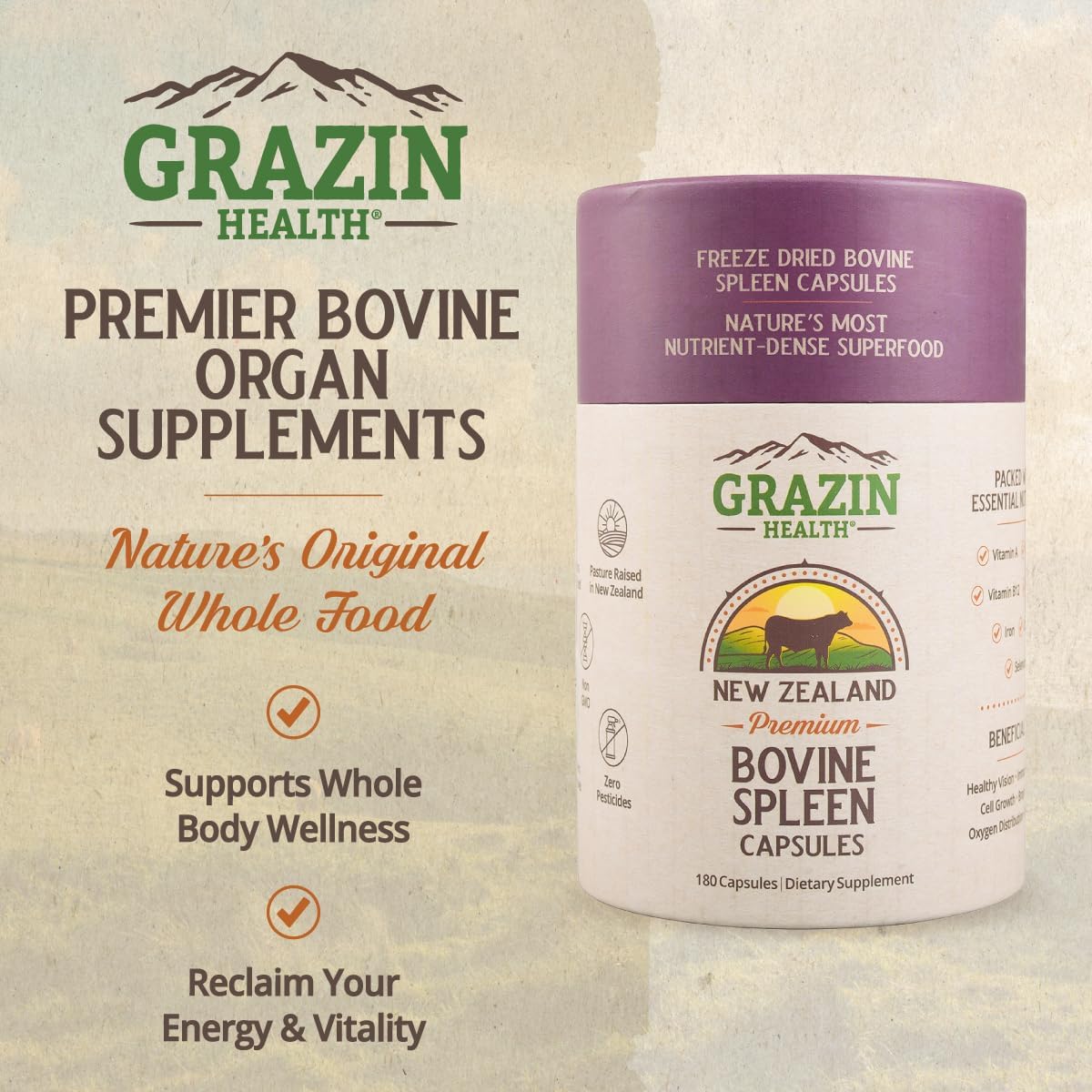 Grass Fed Bovine Spleen Capsules 3000 mg - Suplemento de Bazo de Bovino