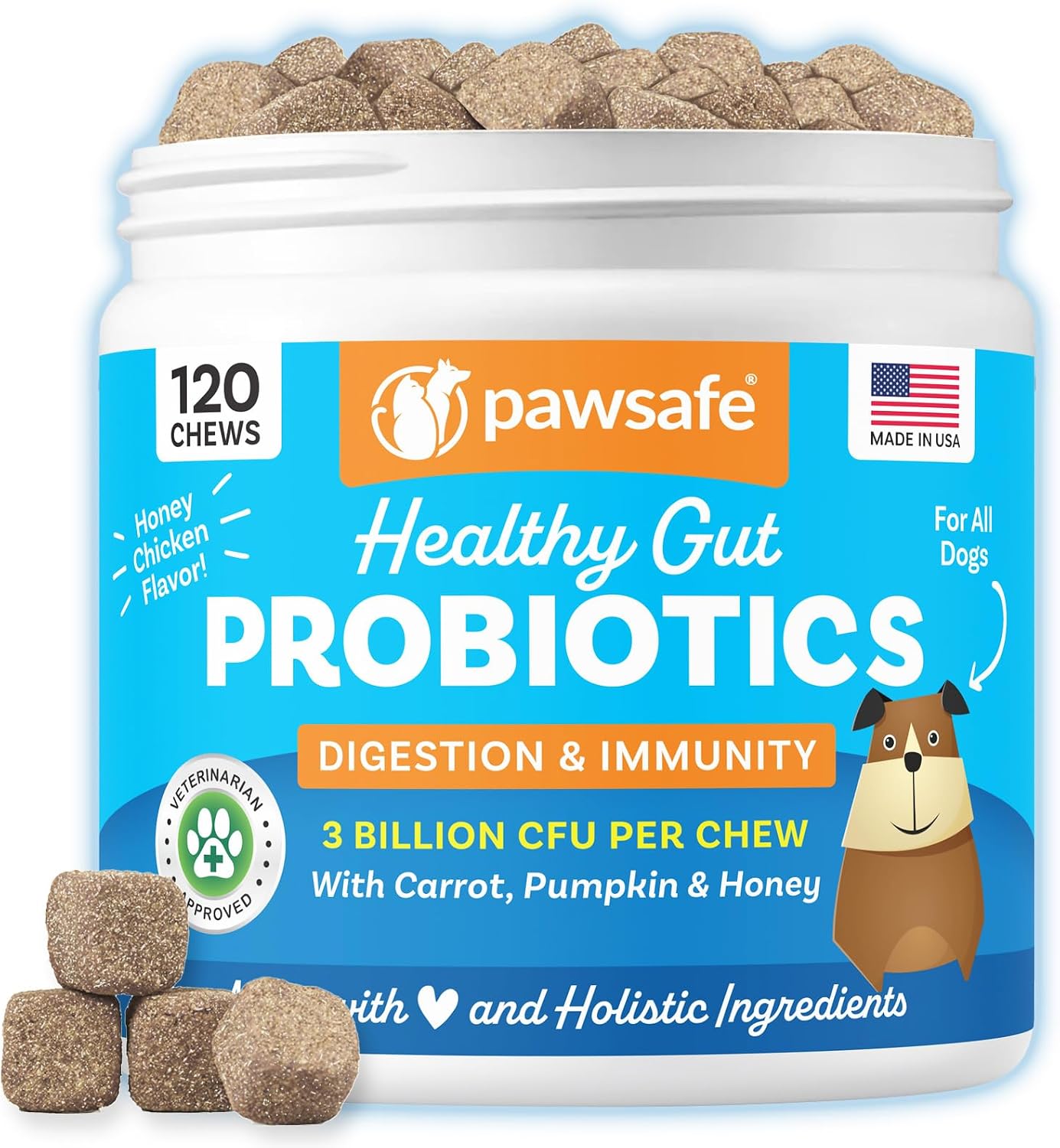 PawSafe Probióticos para Perros Masticables - 120 Unidades - Sabor Pollo y Miel