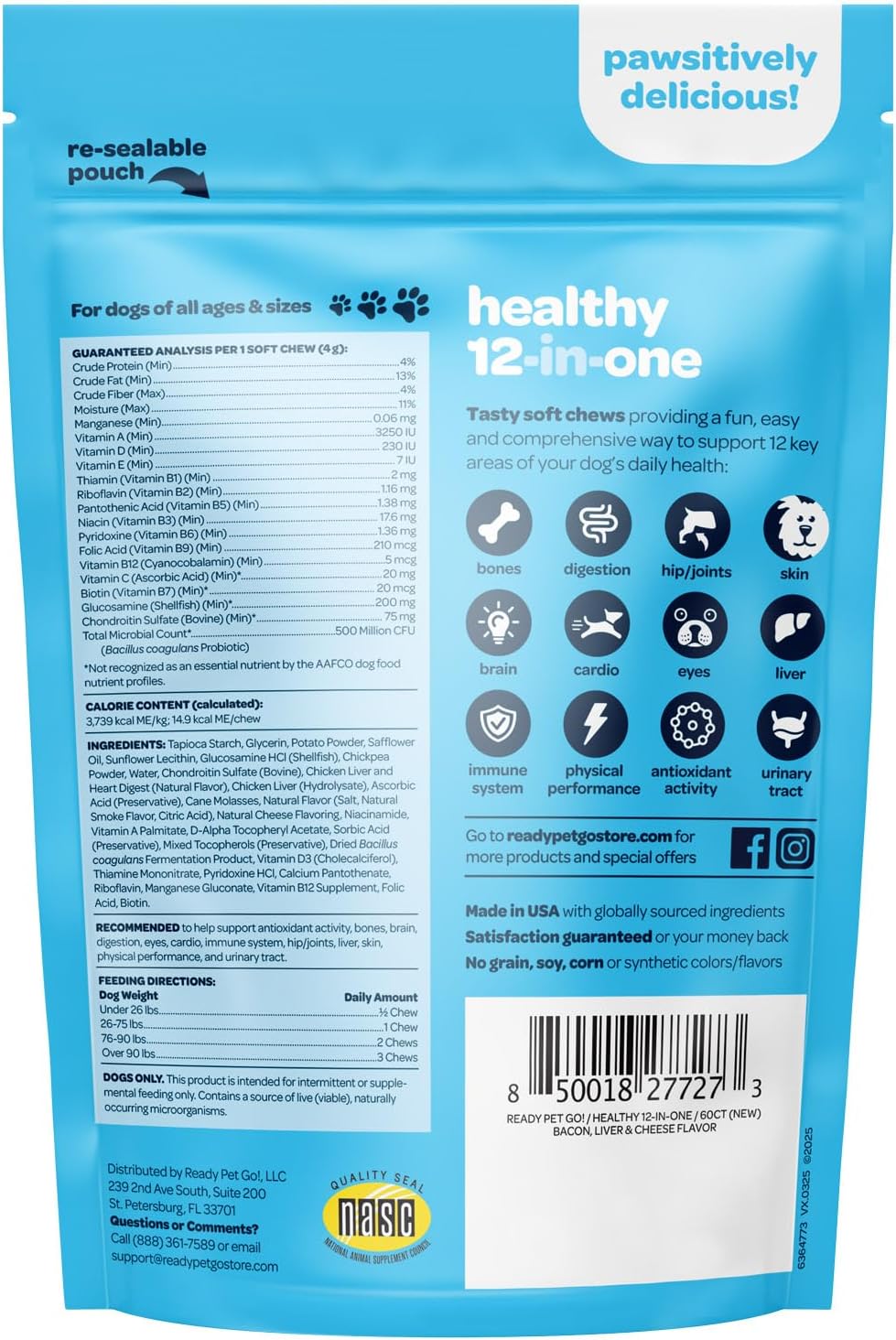 12-in-1 Complete Multivitamin for Dogs | 60 Chewables con Glucosamina, Condroitina y Probióticos Digestivos - Ready Pet Go!
