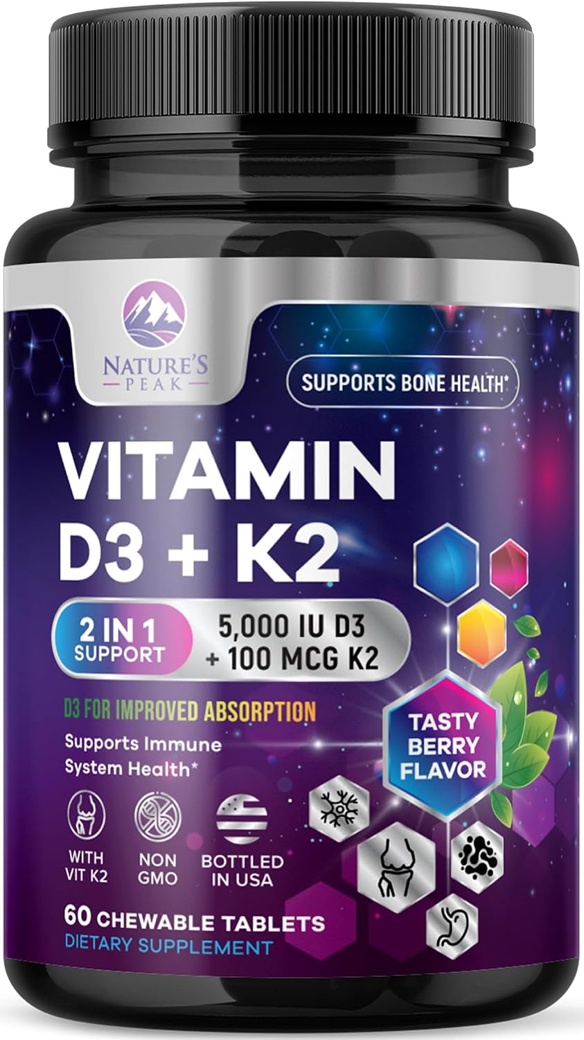 Nature's Peak Vitamina D3 K2 5000 UI + 100 mcg MK-7 - 60 Comprimidos Masticables Sabor Baya