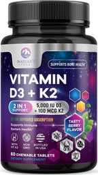 Nature's Peak Vitamina D3 K2 5000 UI + 100 mcg MK-7 - 60 Comprimidos Masticables Sabor Baya