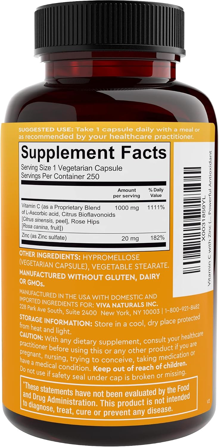 Viva Naturals Vitamina C y Zinc 1000 mg - 250 Cápsulas Vegetales