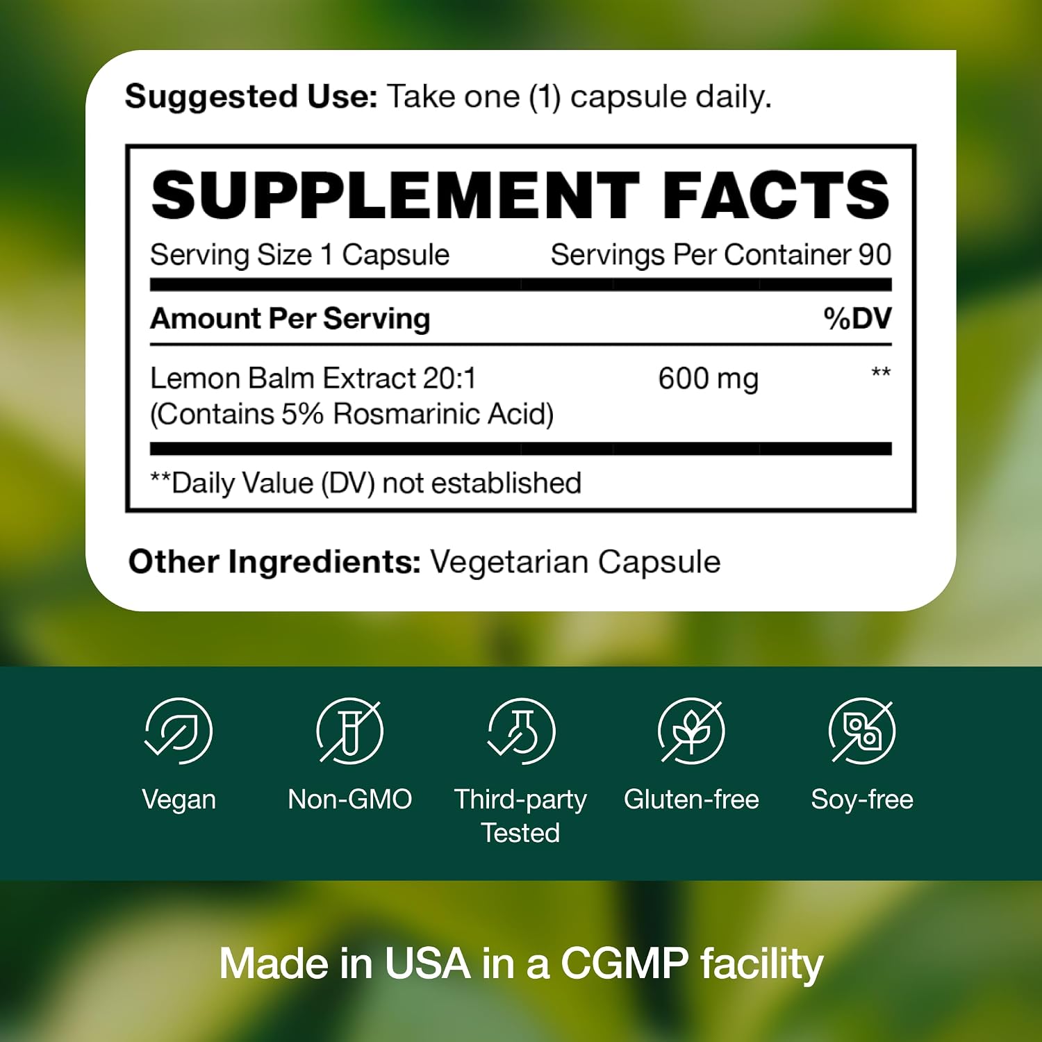 Extracto de Melisa en Cápsulas – 600 mg, 90 cápsulas